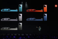 Xiaomi founder Lei Jun shows off the colours of the SU7, a sporty four-door sedan, with matching Xiaomi smartphones in Beijing, Thursday, March 28, 2024. Xiaomi, a well-known maker of smart consumer electronics in China, is joining the country's booming but crowded market for electric cars. (AP Photo/Ng Han Guan)