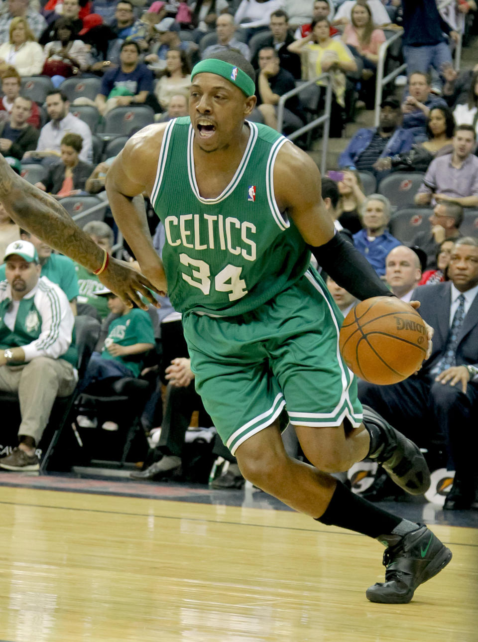 Boston Celtics small forward <a class="link " href="https://sports.yahoo.com/nba/players/3253/" data-i13n="sec:content-canvas;subsec:anchor_text;elm:context_link" data-ylk="slk:Paul Pierce;sec:content-canvas;subsec:anchor_text;elm:context_link;itc:0">Paul Pierce</a> (34) drives to the basket during the first half against the <a class="link " href="https://sports.yahoo.com/nba/teams/brooklyn/" data-i13n="sec:content-canvas;subsec:anchor_text;elm:context_link" data-ylk="slk:New Jersey Nets;sec:content-canvas;subsec:anchor_text;elm:context_link;itc:0">New Jersey Nets</a>. Credit: Jim O’Connor-USA TODAY Sports