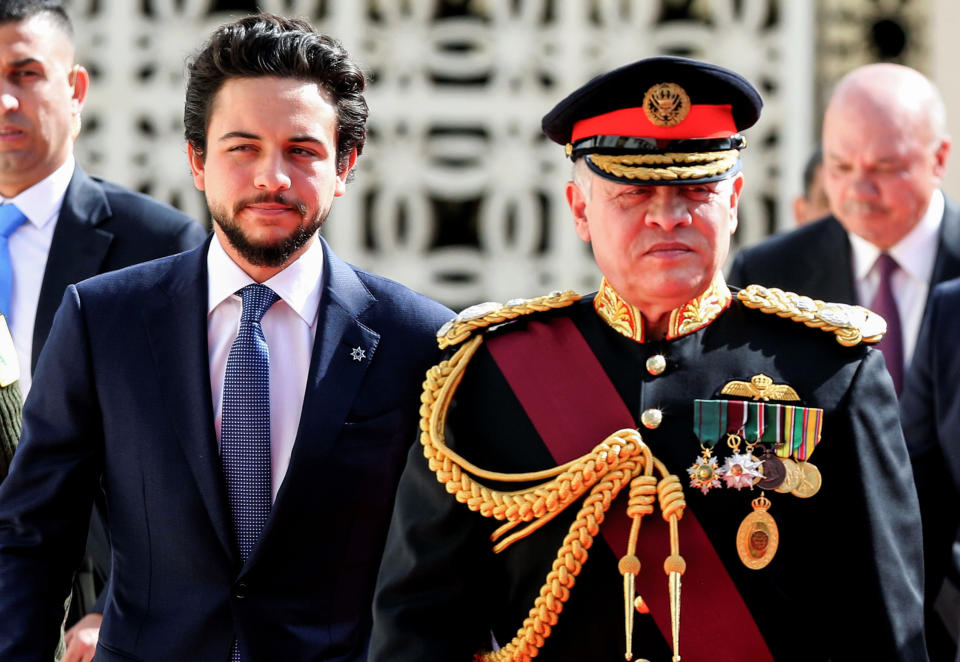 <p>Prince Hussein was officially announced as the heir to the Jordanian throne when he was 15-years-old in 2009 and only then did he become a Crown Prince. Here he is pictured with his father, King Abdullah II of Jordan. Photo: Getty Images </p>