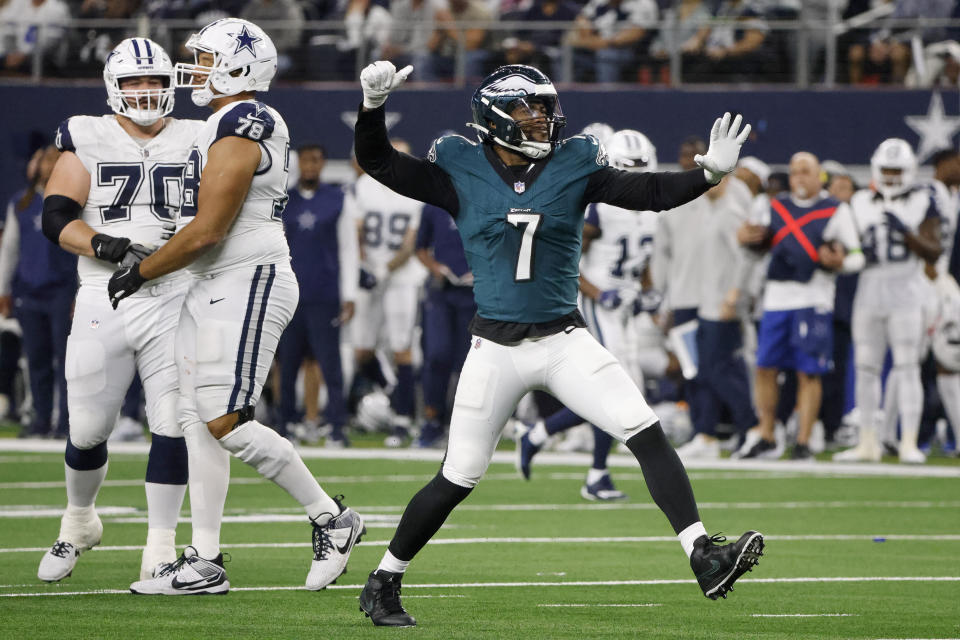 Philadelphia Eagles linebacker Haason Reddick (7) reacts after collecting a sack off Dallas Cowboys quarterback Dak Prescott, not visible, during the first half of an NFL football game, Sunday, Dec. 10, 2023, in Arlington, Texas. (AP Photo/Michael Ainsworth)