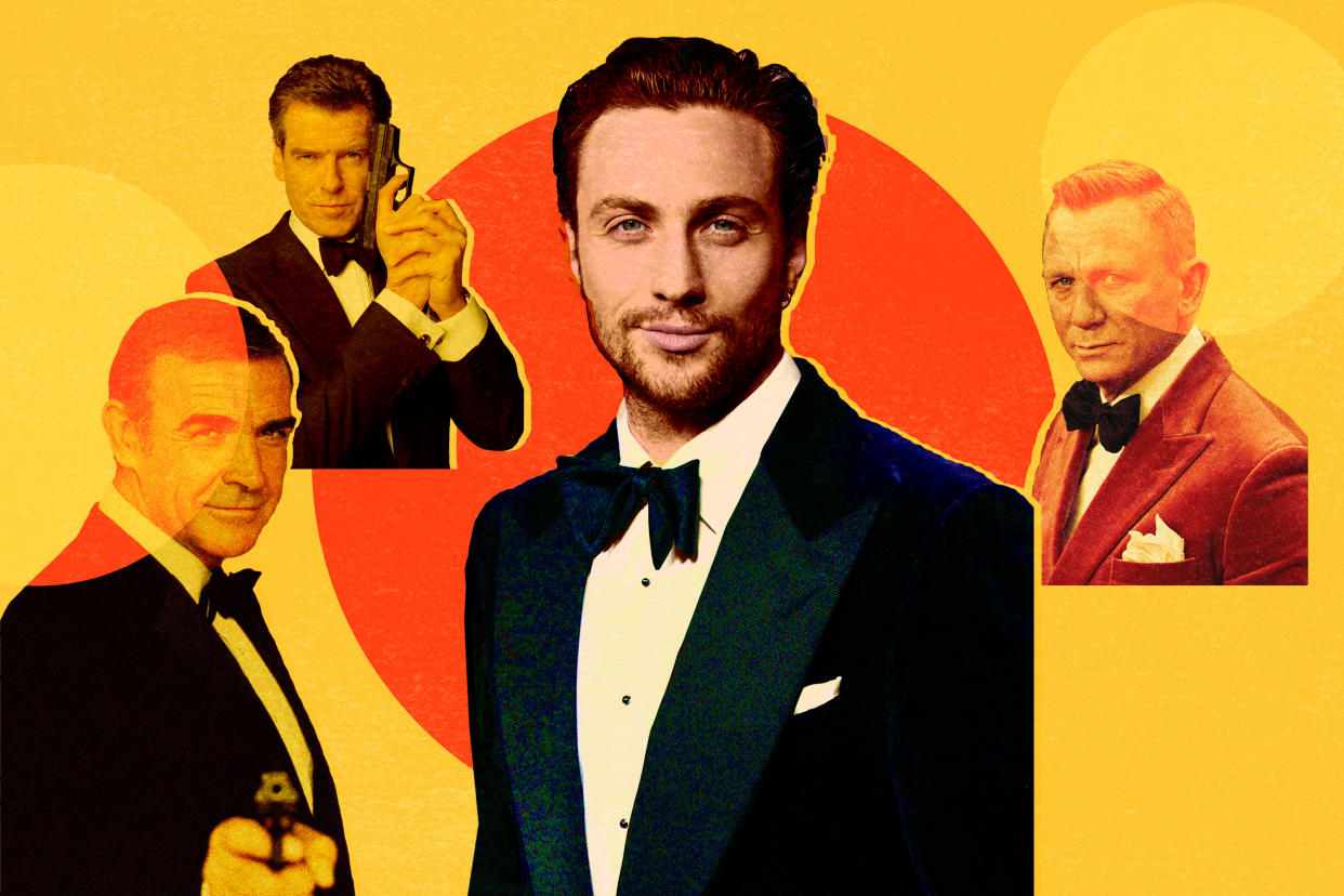 Photo illustrations of various James Bond actors.