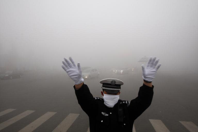 A policeman is seen on a street in heavy smog in Harbin, northeast China's Heilongjiang province, on October 21, 2013