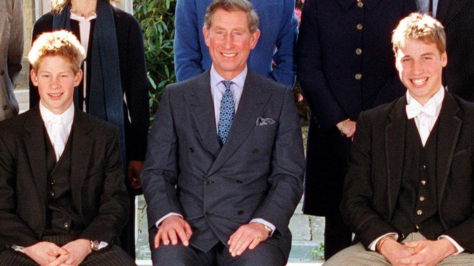 Prince Harry, King Charles and Prince William in suits at Eton College