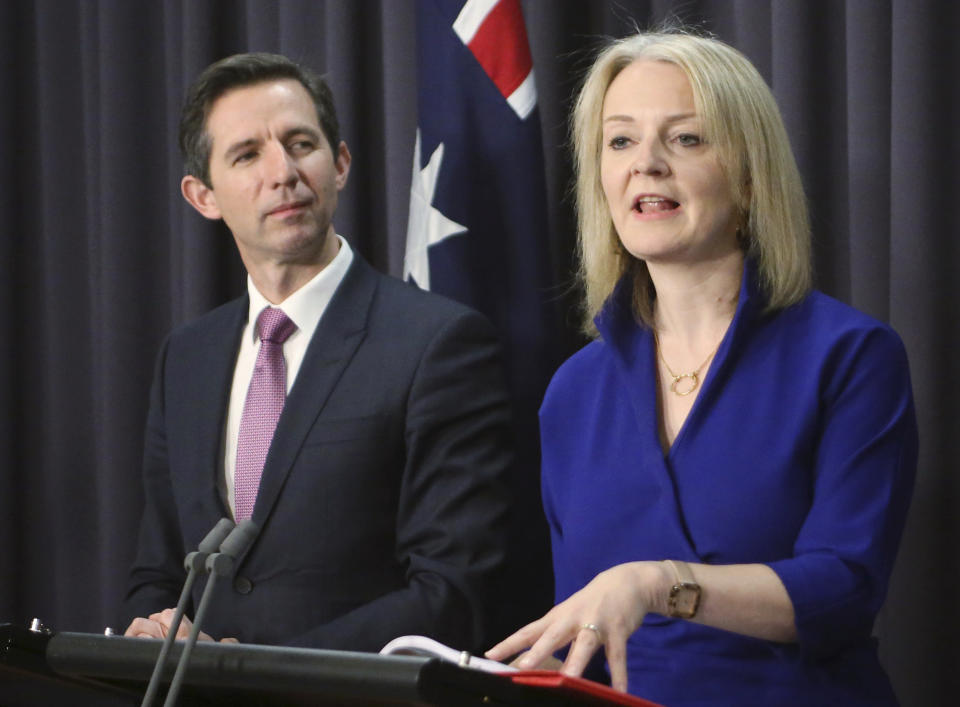 Australian Trade Minister Simon Birmingham, left, and British International Trade Secretary Liz Truss hold a press conference in Parliament House in Canberra, Australia, Wednesday, Sept. 18, 2019. Truss says she expects Britain will to strike a free trade deal with Australia within months of leaving the European Union. (AP Photos/Rod McGuirk)