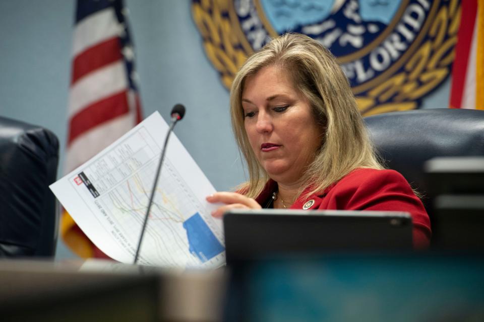 Martin County Commissioner Stacey Hetherington discusses updates to the Everglades restoration projects presented by the South Florida Water Management District and the Army Corps of Engineers during a meeting Tuesday, June 4, 2019, at the Martin County Administrative Center. 