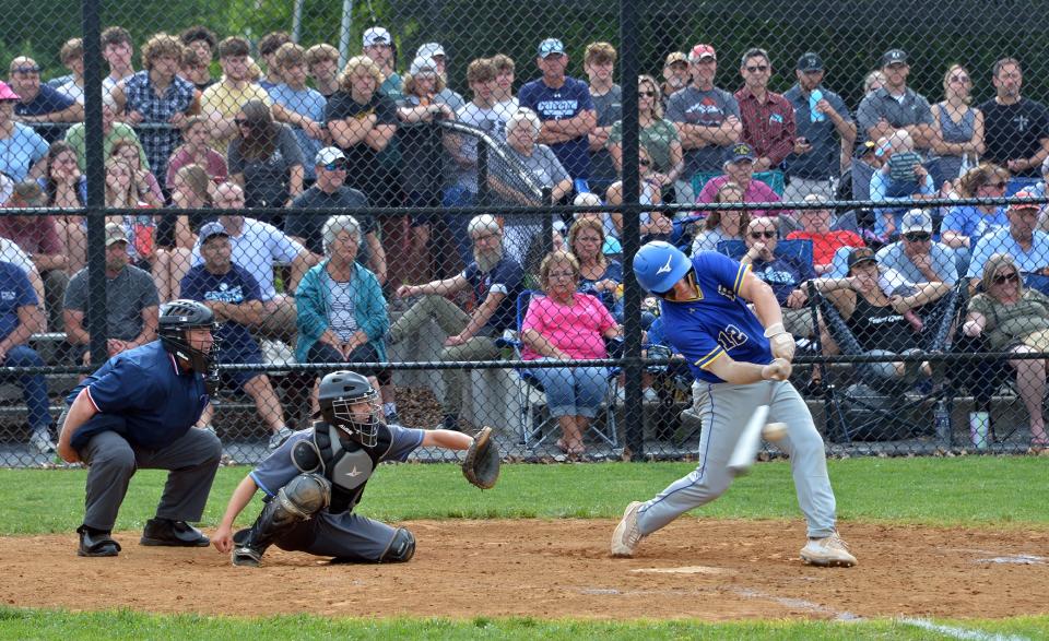 Clear Spring's Logan Helser hits an RBI single against Catoctin in the third inning of the Blazers' 3-0 victory in the Maryland Class 1A West Region II championship game at Catoctin on Tuesday.