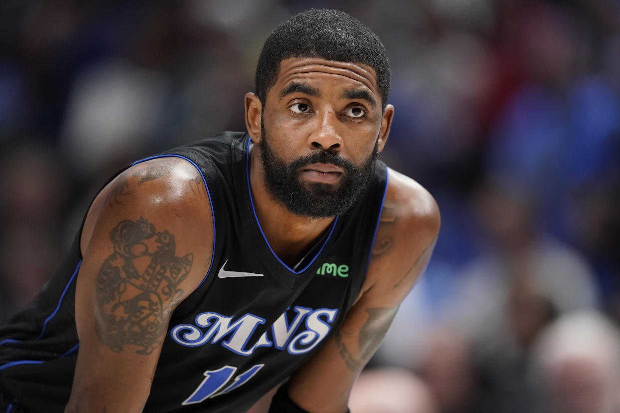 Kyrie Irving is now trade-eligible after re-signing with the Dallas Mavericks this offseason following his trade from the Brooklyn Nets to the Mavericks at February's trade deadline last season. (Photo by Sam Hodde/Getty Images)