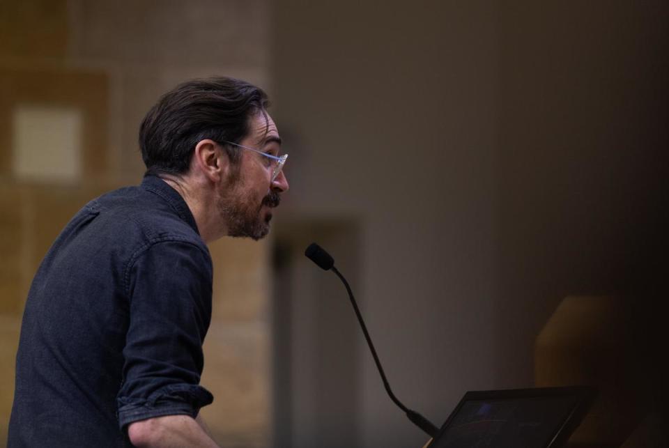 An attendee gives testimony during the Austin city council meeting on Thursday, May 16, 2024 in Austin. People testifying were either in support of or against various zoning restrictions in response to the affordable housing crisis.