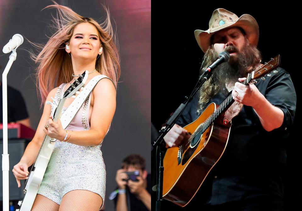 Maren Morris performs at the Bonnaroo Music and Arts Festival in Manchester, Tenn., on  June 15, 2019 , left, and Chris Stapleton performs during Marty Stuart's Late night Jam at the Ryman Auditorium in Nashville, Tenn. on June 7, 2018. Morris and Stapleton lead the nominations for this year's Academy of Country Music Awards.