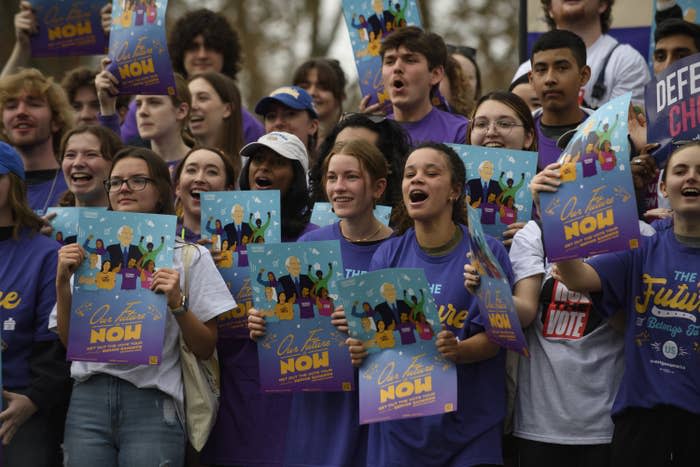 A crowd of supporters responds to US Sen. Bernie Sanders as he speaks during an “Our Future is Now” tour stop, which is hoping to register young voters ahead of Election Day, on Nov. 6, 2022, in Pittsburgh.