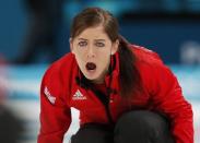 Curling - Pyeongchang 2018 Winter Olympics - Women's Round Robin - Britain v Sweden - Gangneung Curling Center - Gangneung, South Korea - February 18, 2018 - Skip Eve Muirhead of Britain shouts. REUTERS/Cathal McNaughton