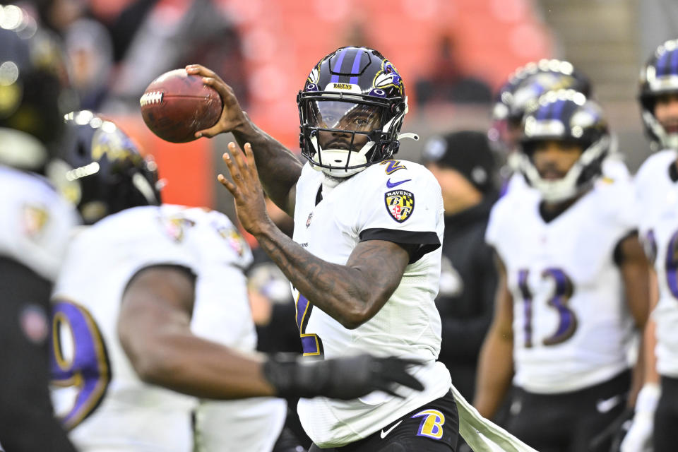 Baltimore Ravens quarterback Tyler Huntley throws a pass before an NFL football game against the Cleveland Browns, Saturday, Dec. 17, 2022, in Cleveland. (AP Photo/David Richard)