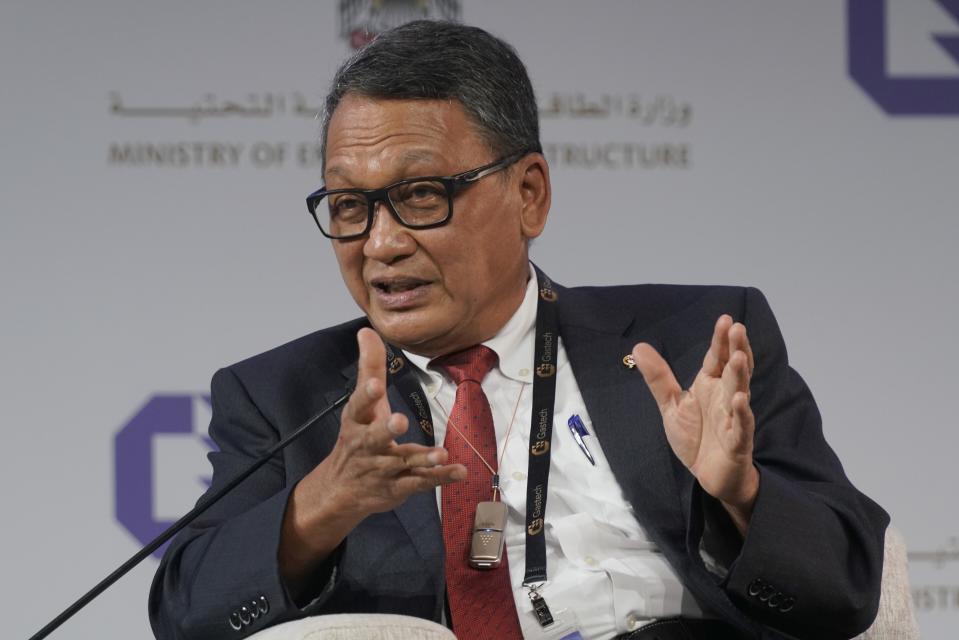Indonesia's Energy and Mineral Resources Minister Arifin Tasrif gestures during a discussion on stage at the the Gastech 2021 conference in Dubai, United Arab Emirates, Tuesday, Sept. 21, 2021. Energy officials from Qatar and Turkey, long-standing foes of the United Arab Emirates, descended on Dubai along with hundreds of other executives on Tuesday, flocking to the largest gas expo in the world and the industry's first in-person conference since the pandemic began. (AP Photo/Jon Gambrell)