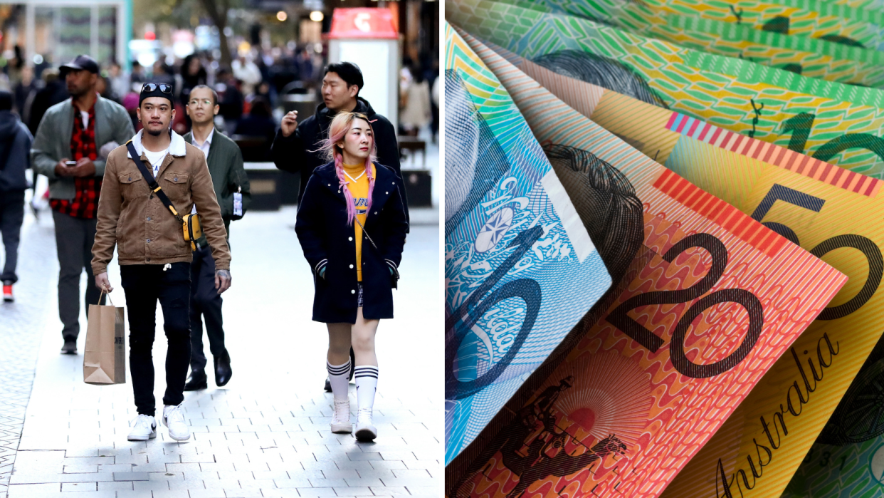 People walk down a busy street and Australian currency fanned out to represent Australians being richer.