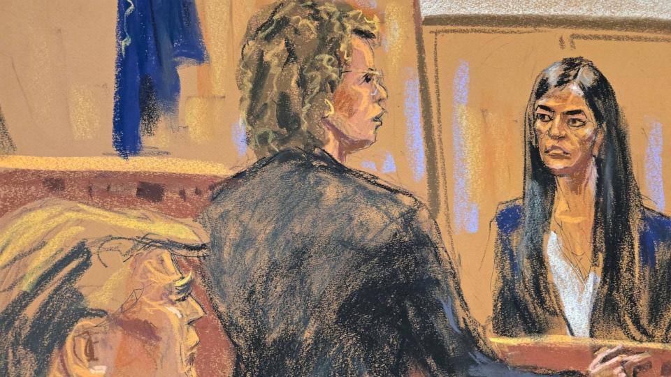 PHOTO: Former President Trump watches as former Director of Oval Office Operations Madeleine Westerhout is cross-examined by defense attorney Susan Necheles during Trump's criminal trial in Manhattan state court, May 10, 2024, in this courtroom sketch. (Jane Rosenberg via Reuters)