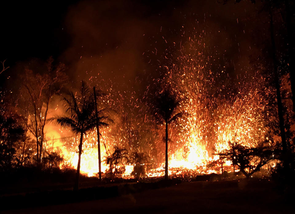 Lava erupts from a fissure in Leilani Estates&nbsp;on Saturday.