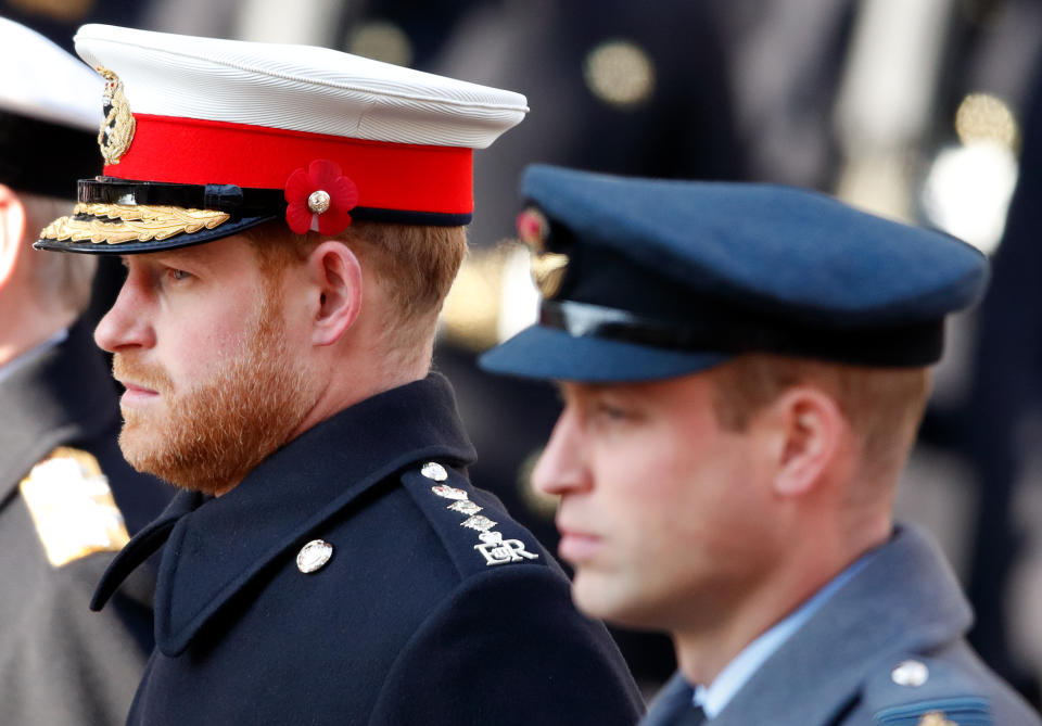LONDON, UNITED KINGDOM - NOVEMBER 10: (EMBARGOED FOR PUBLICATION IN UK NEWSPAPERS UNTIL 24 HOURS AFTER CREATE DATE AND TIME) Prince Harry, Duke of Sussex and Prince William, Duke of Cambridge attend the annual Remembrance Sunday service at The Cenotaph on November 10, 2019 in London, England. The armistice ending the First World War between the Allies and Germany was signed at Compiegne, France on eleventh hour of the eleventh day of the eleventh month - 11am on the 11th November 1918. (Photo by Max Mumby/Indigo/Getty Images)