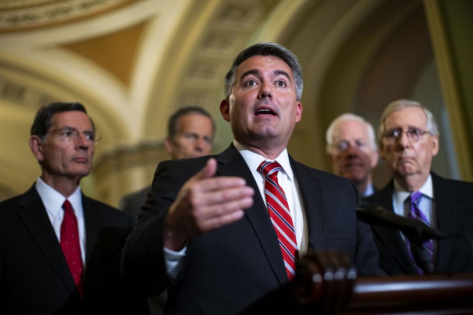 Sen. Cory Gardner, R-Colo., speaks beside Sen. John Barrasso, R-Wy., Senate Majority Whip Sen. John Cornyn R-Texas, and Senate Majority Leader Sen. Mitch McConnell, R-KY., during a news conference, following the weekly Senate Republican's policy luncheon, on Capitol Hill, on July 24, 2018, in Washington.