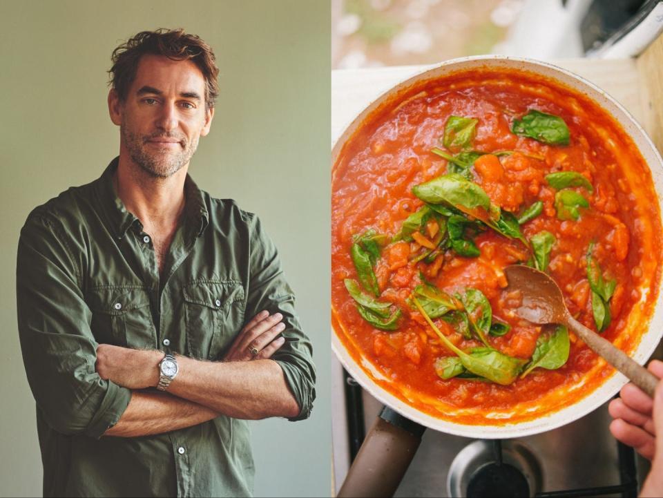 Rob Hobson (left) tomato sauce on the stove (right)