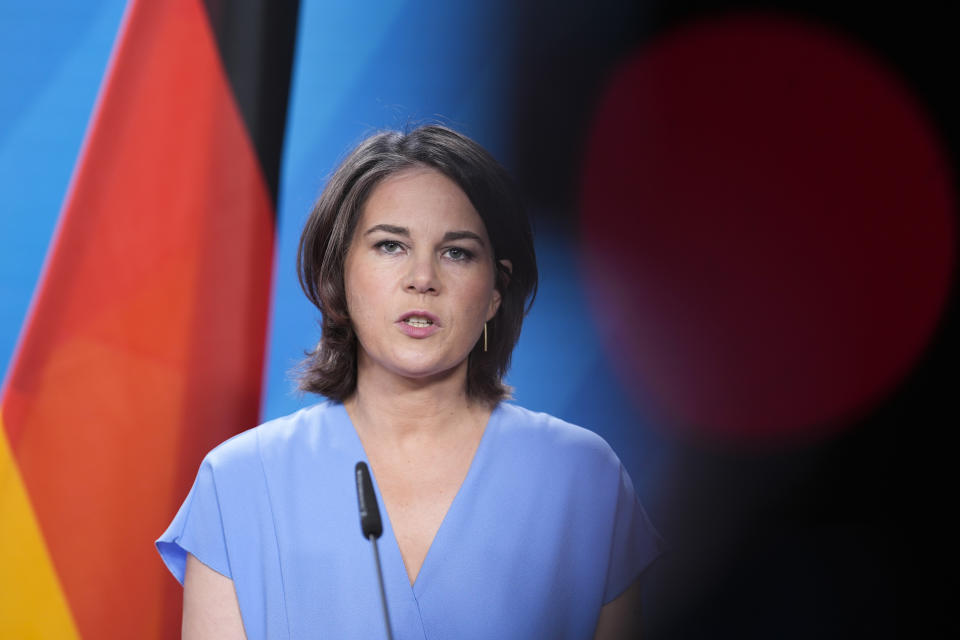 German Foreign Minister Annalena Baerbock, briefs the media after a meeting with her counterpart from Slovenia Tanja Fajon at the foreign ministry in Berlin, Germany, Friday, July 1, 2022. (AP Photo/Markus Schreiber)