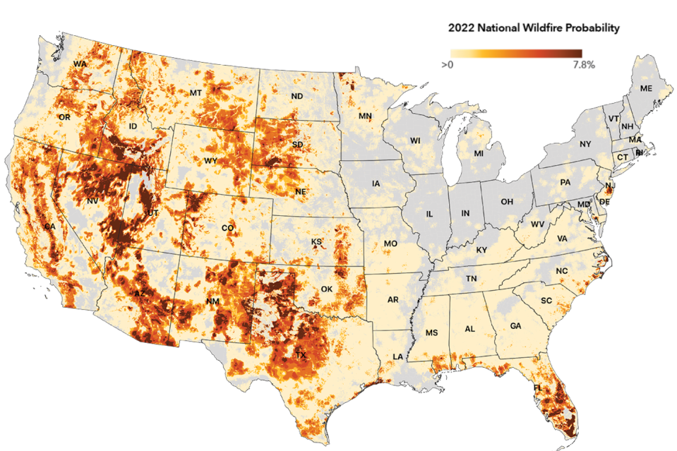 Assesses fire risk at the local level can help communities understand and prepare. The map reflects the probability wildfire will occur in an area in 2022. <a href="https://firststreet.org/research-lab/published-research/article-highlights-from-fueling-the-flames/" rel="nofollow noopener" target="_blank" data-ylk="slk:First Street Foundation Wildfire Model;elm:context_link;itc:0;sec:content-canvas" class="link ">First Street Foundation Wildfire Model</a>