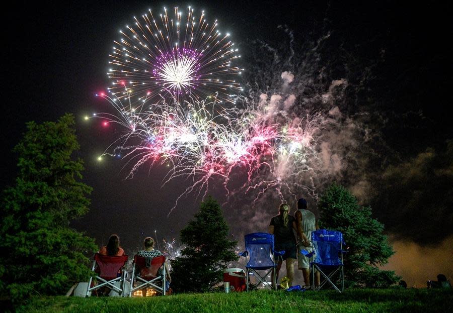 Onlookers watch the Red, White and Boom! fireworks display Thursday night, July 4, 2019, along the riverfront in Peoria and East Peoria.