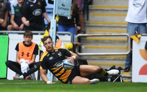 Josh Bassett of Wasps scores his side's first try - Credit: GETTY IMAGES