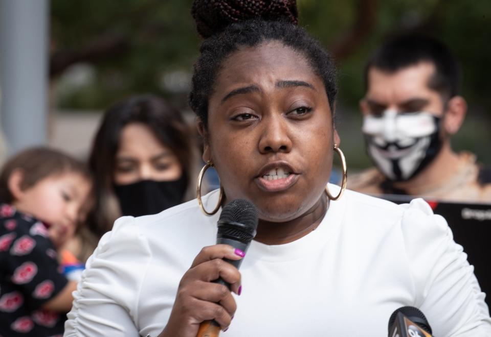 Ne'Lexia Galloway (Maricopa County Democratic Party) speaks during a Mass Liberation AZ press conference, September 28, 2021, in front of the Maricopa County Attorney's Office, 225 W. Madison St., Phoenix, Arizona.