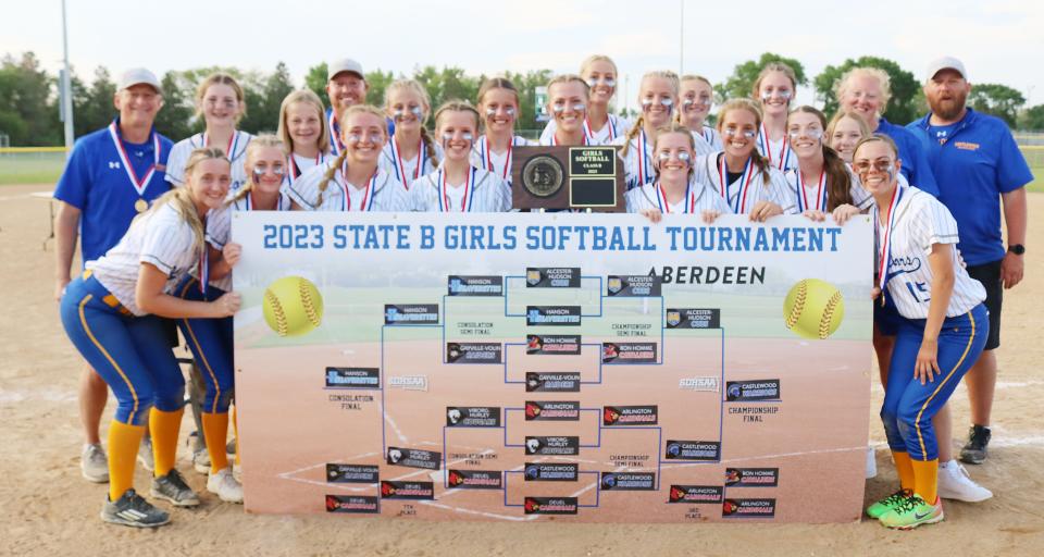 Castlewood High School's softball team capped a 13-5 season by winning the Class B championship in the first South Dakota High School Activities Association sanctioned state softball tourney that concluded on Saturday, June 3, 2023 at Aberdeen. Team members include, from left in front, Olivia Karst, Cassidy Kirwan, Mackenzie Everson, Claire Horn, Lyndsey Archer, Bridgette Horn, Olivia Akin, Gracie Haug, Karli Akin, Kylie Haight and Natalie Akin; and back, head coach Craig Horn, Lily Jacobsen, Emery Larson, assistant coach Chris Lather, Sophia Kudrna, Kayla Goens, Maddie Horn, Cydni Kudrna, Kelly Goens, assistant coach Jessica Kudrna and assistant coach Brooks Jacobsen.