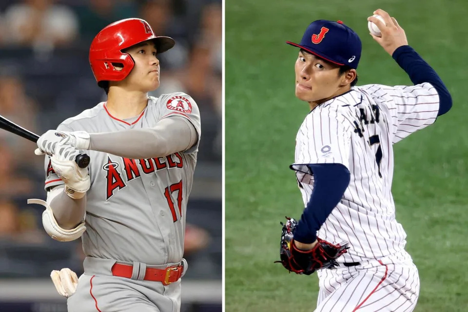 Shohei Ohtani hits a home run, and Yoshinobu Yamamoto throws from the mound.