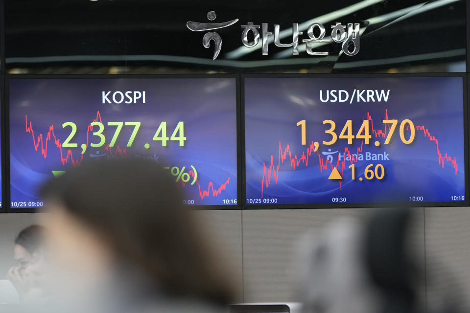 A currency trader watches computer monitors near the screens showing the Korea Composite Stock Price Index (KOSPI), left, and the foreign exchange rate between U.S. dollar and South Korean won at a foreign exchange dealing room in Seoul, South Korea, Wednesday, Oct. 25, 2023. Asian shares advanced Wednesday, tracking gains on Wall Street after Verizon and other big companies reported fatter profits for the summer than expected. (AP Photo/Lee Jin-man)