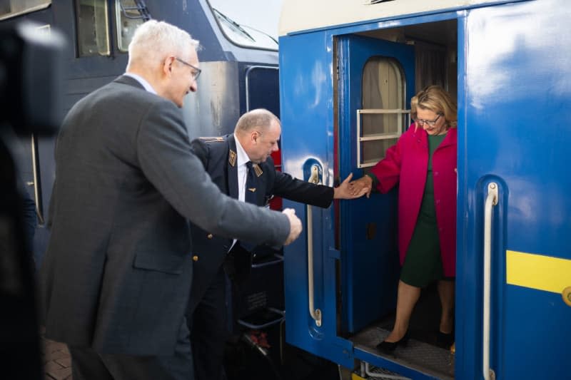 German Minister for Economic Cooperation and Development Svenja Schulze is welcomed by German Ambassador to Ukraine Martin Jager ahead of the conference on the reconstruction of Ukraine, which will take place in Berlin on June 11-12.  Sebastian Christoph Gollnow/dpa