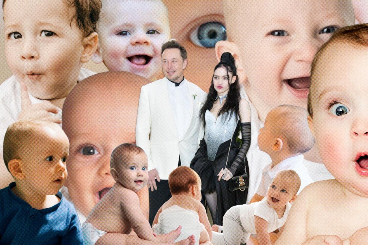 Grimes and Elon Musk stand in a sea of various pictures of babies. 