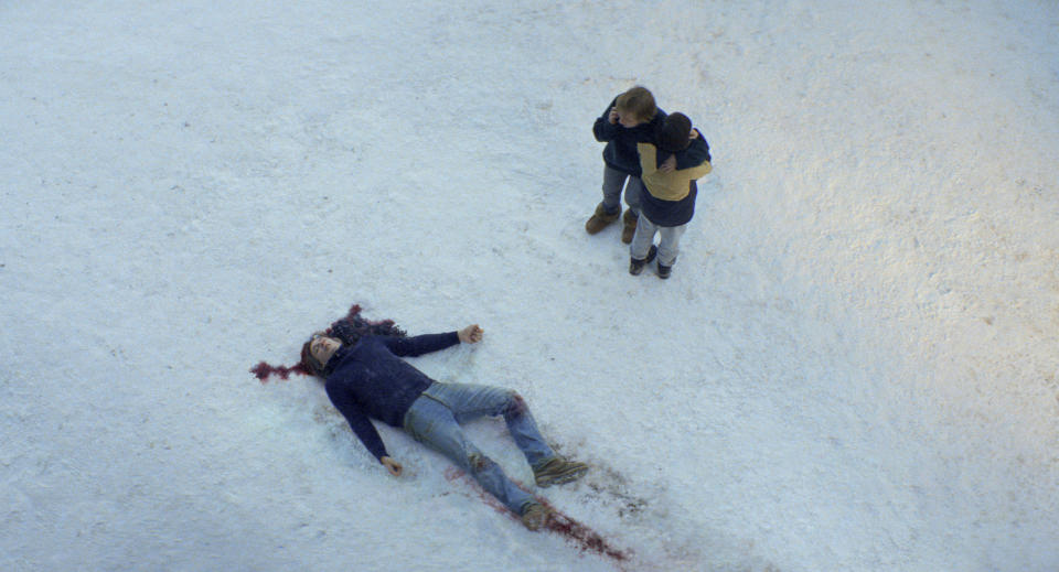 This image released by Neon shows, from left, Samuel Theis, Sandra Hüller and Milo Machado Graner in a scene from "Anatomy of a Fall." (Neon via AP)