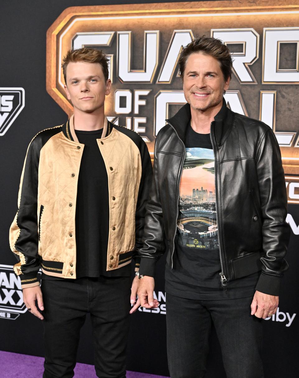 Matthew Edward Lowe and Rob Lowe attend the World Premiere of Marvel Studios' "Guardians of the Galaxy Vol. 3" on April 27, 2023 in Hollywood, California.