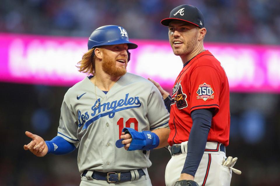 Justin Turner and Freddie Freeman during a game in June.