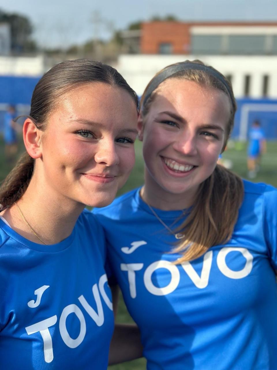 New Paltz native Leah Schamberg poses with Lucy Lundblad of North Carolina. The two were roommates while boarding at the TOVO soccer academy in Spain in January.