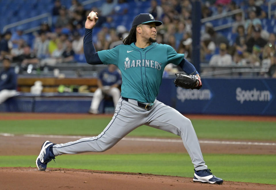 Seattle Mariners starter Luis Castillo throws to a Tampa Bay Rays batter during the first inning of a baseball game Tuesday, June 25, 2024, in St. Petersburg, Fla. (AP Photo/Steve Nesius)