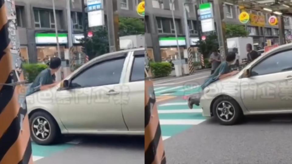 桃園男檢舉違停車，跳上引擎蓋擋車。（圖／翻攝自黑色豪門企業）