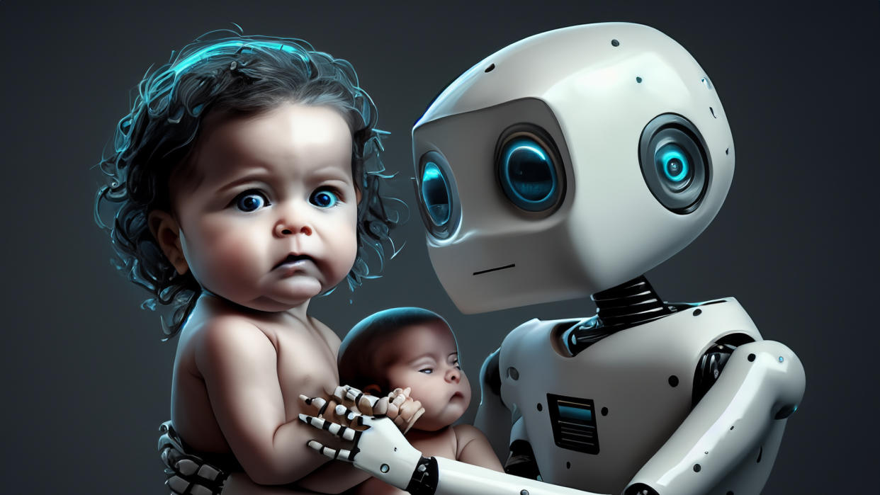  Robot holding baby. 