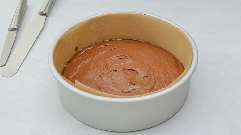 chocolate cake batter in cake pan