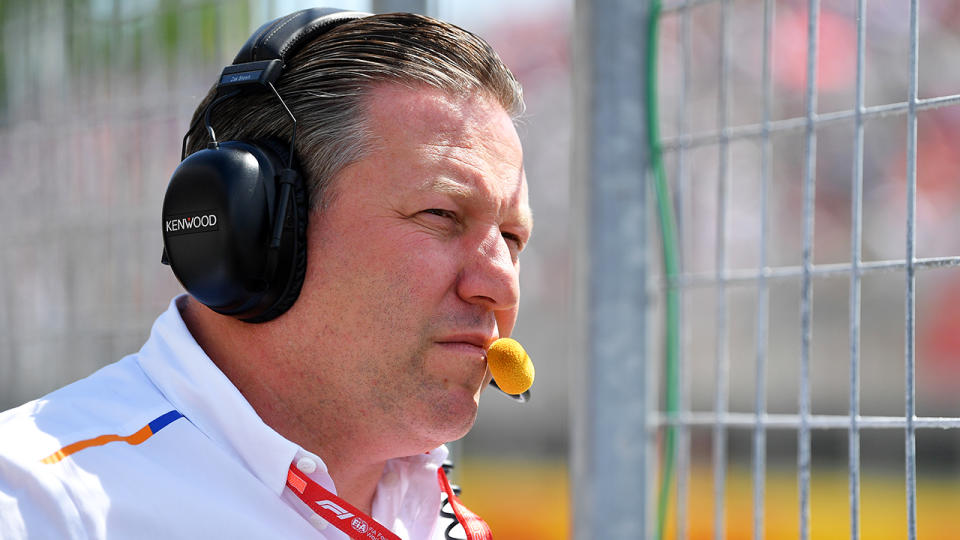 McLaren chief executive Zak Brown is pictured on the pit wall during qualifying for the 2019 Canadian GP.