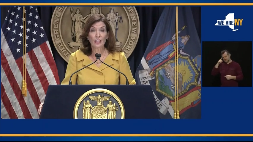 New York Gov. Kathy Hochul discusses the future of the Excluded Workers Fund during a news conference on Wed., Oct. 13, 2021.