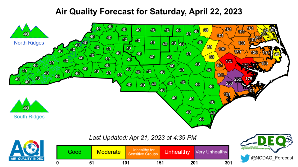 A  map showing the impacts of the smoke and ash from the Great Lakes Fire in the Croatan National Forest as of April 22.