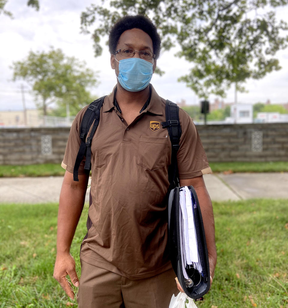 Basil Darling, a UPS driver and union shop steward, in Brooklyn, N.Y. in July. Darling and others said UPS workers have been suffering with the twin challenges of COVID-19 and sweltering summer heat. (Lisa Riordan Seville / NBC News)