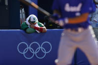 Mexico's Alexis Wilson reacts from the dugout during a baseball game against Israel at Yokohama Baseball Stadium during the 2020 Summer Olympics, Sunday, Aug. 1, 2021, in Yokohama, Japan. (AP Photo/Matt Slocum)