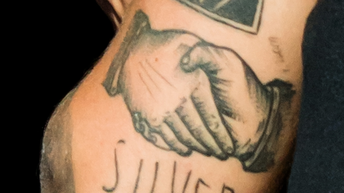 Tattoo, Arm, Hand, Skin, Finger, Shoulder, Human, Joint, Gesture, Muscle, 