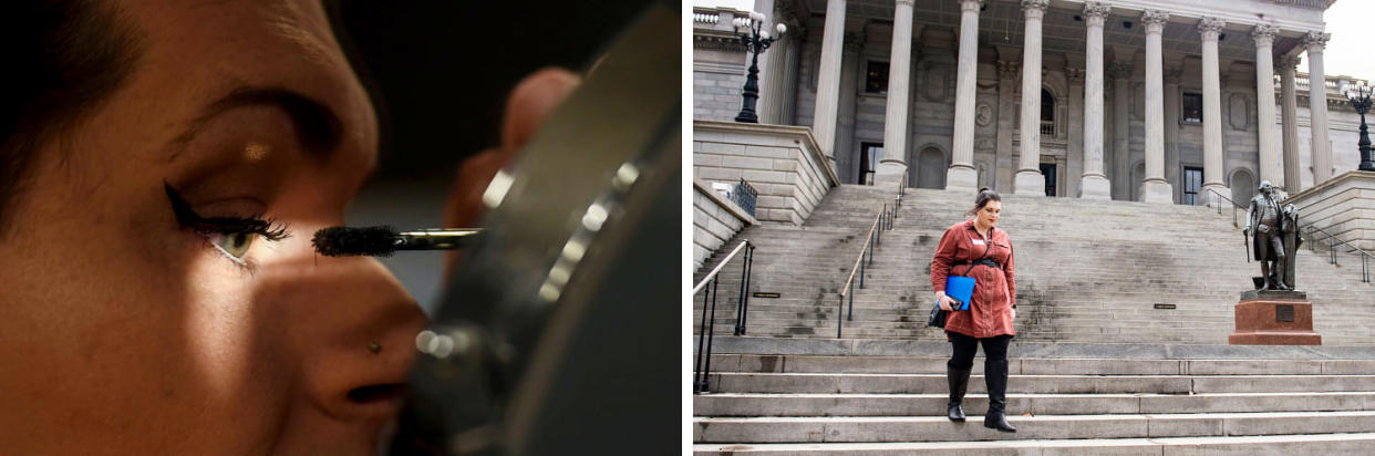 Amberlyn Boiter applies mascara, left, and walks down the stairs of the South Carolina State House after a day of lobbying and speaking with lawmakers about LGBTQ rights. (McKenzie Lange / The Greenville News via Imagn)