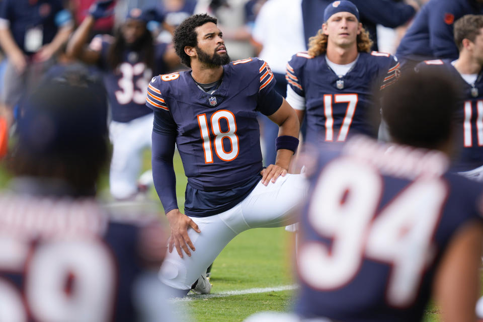 Chicago Bears quarterback Caleb Williams (18) didn't replicate his success from the team's first preseason game. (AP Photo/Charles Rex Arbogast)