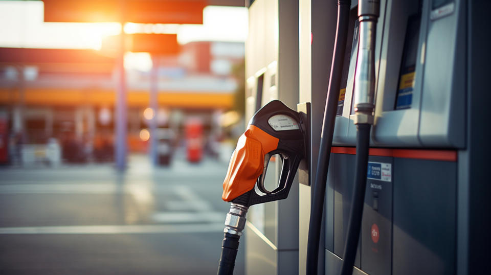 A gas pump at a convenience store with a wide variety of merchandise in the background.